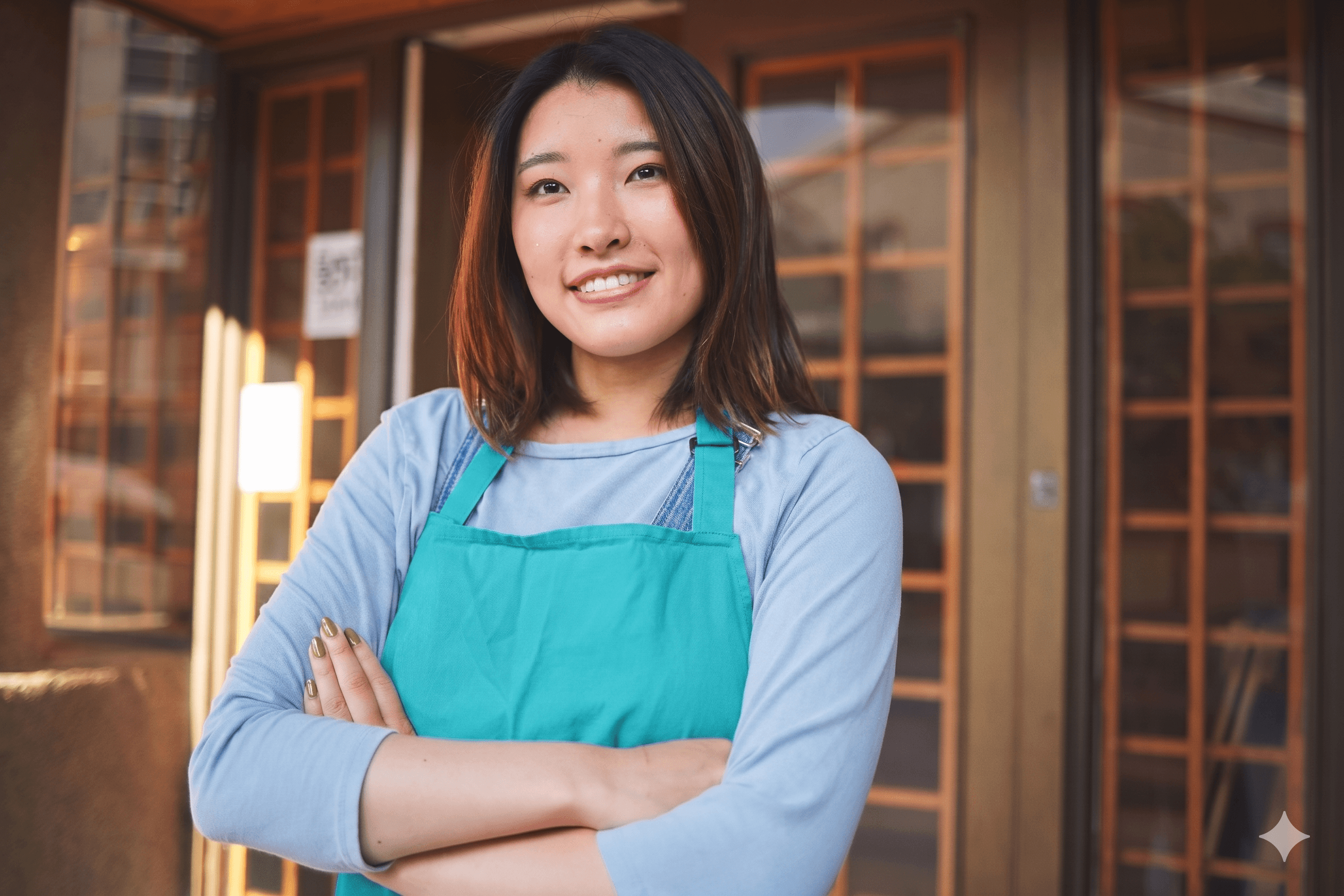 Mitra toko Super Mart berdiri di depan tokonya dengan celemek Super