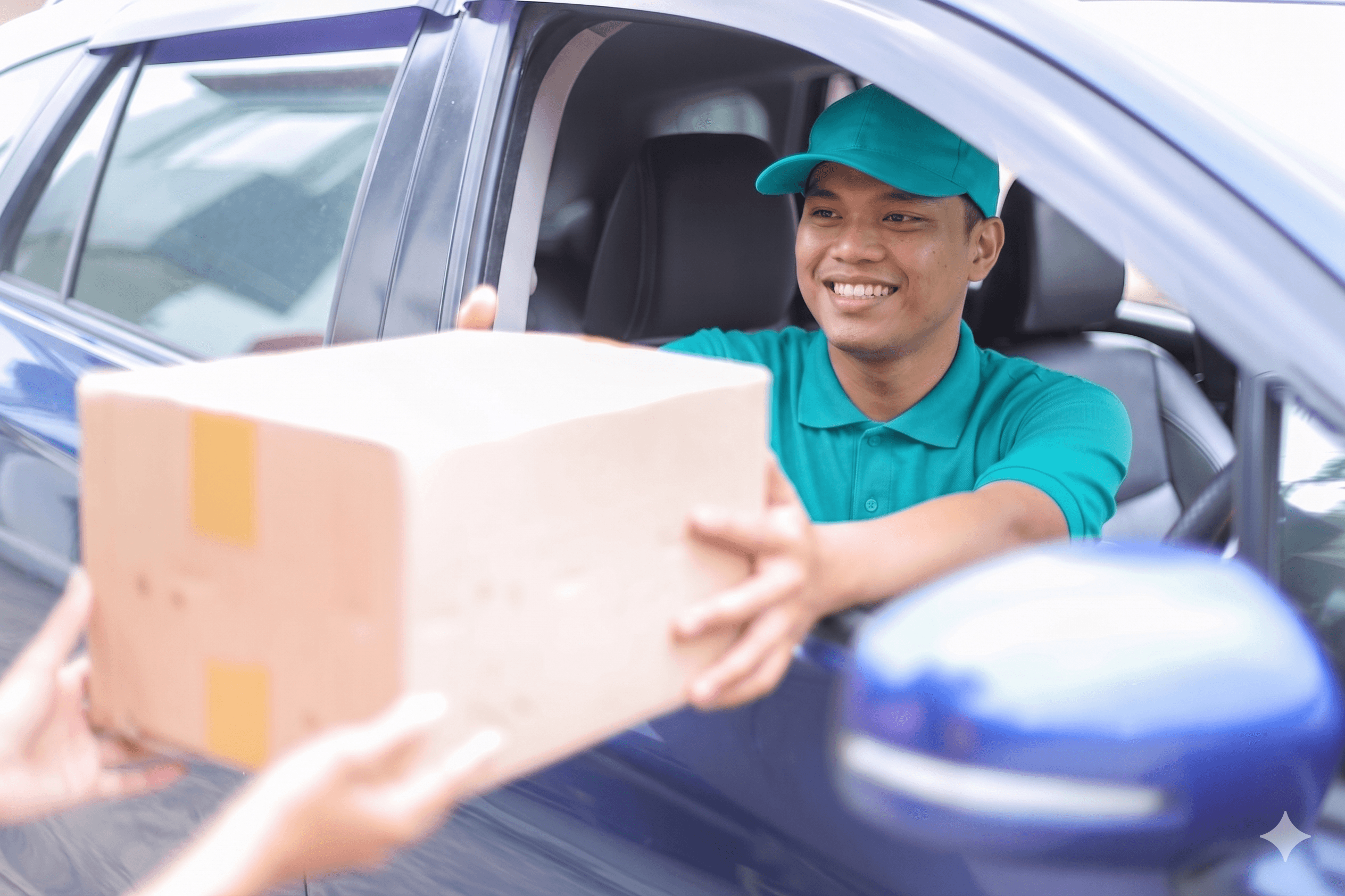 Kurir Super Send menyerahkan paket kepada penerima dari dalam kendaraan